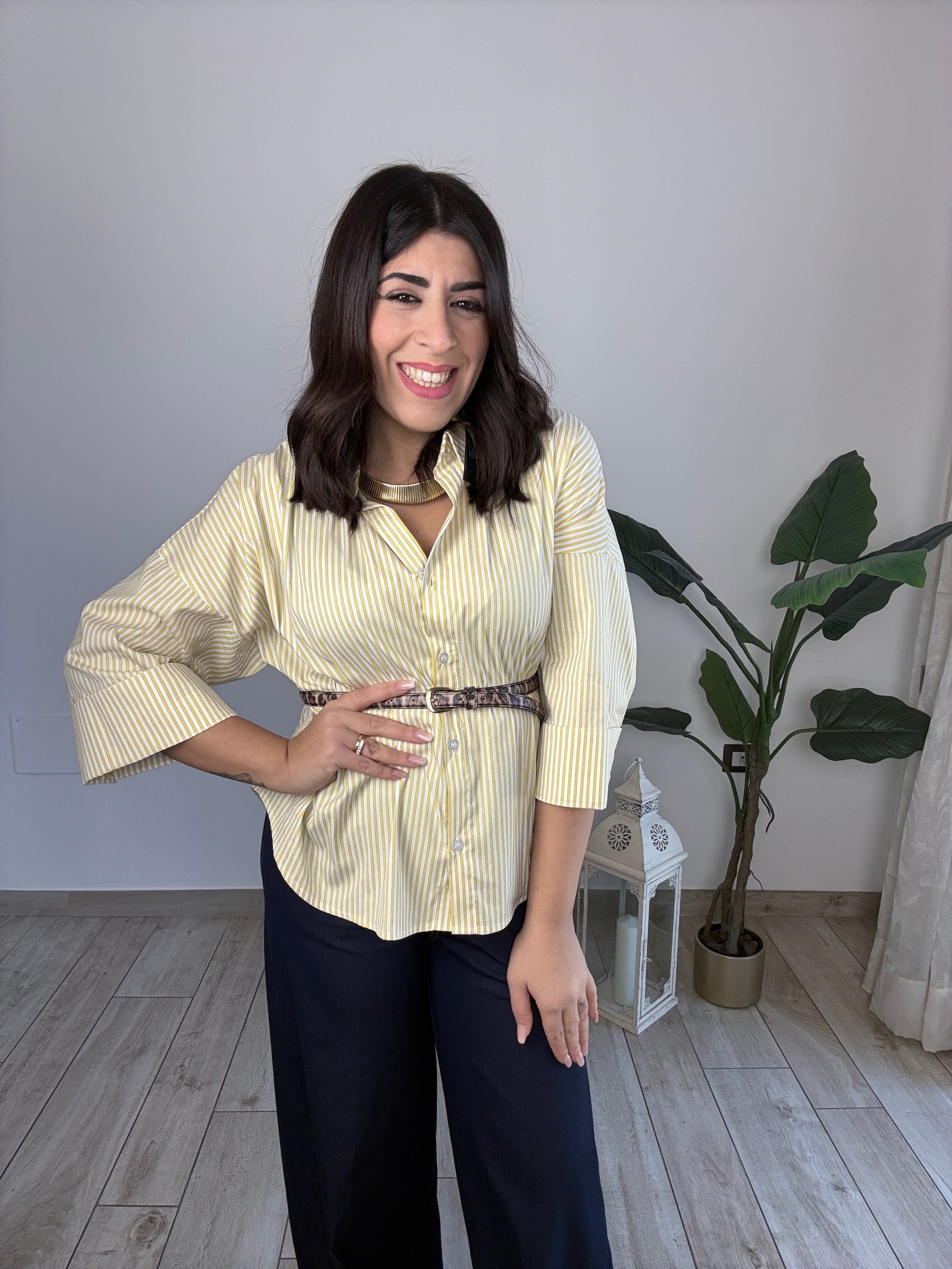 Camicia riga gialla e bianca