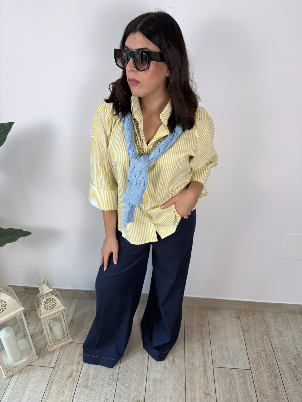 Camicia riga gialla e bianca